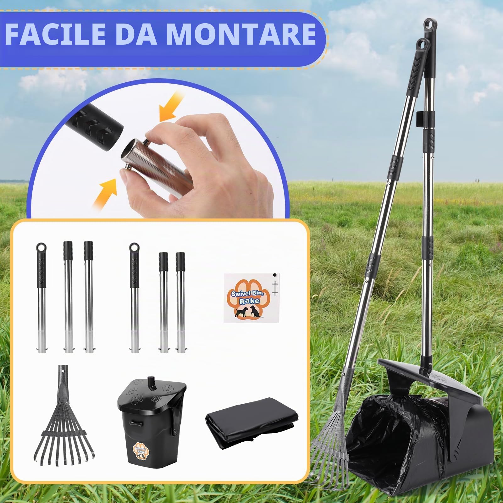 Set Paletta e Rastrello per Feci Cane con 20 Sacchetti – Paletta con Manico Lungo, Raccogli Escrementi per Giardino, Cortile, Esterni