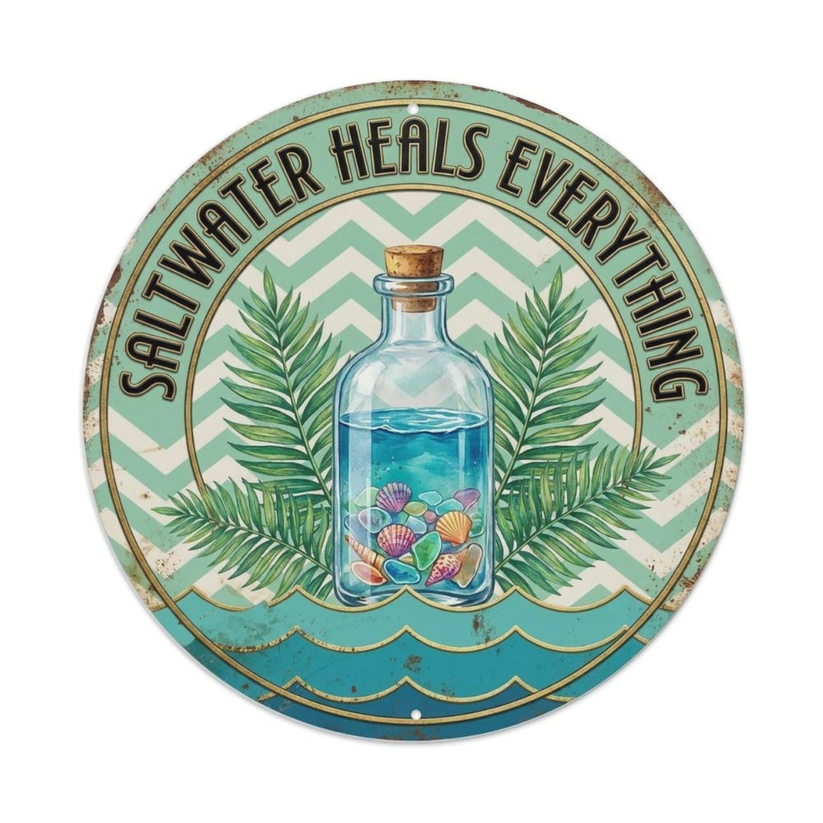 Saltwater Wellness Beach Life Summer Vintage Ocean Slogan Metal Tin Sign Plaque Wall Decor for Cafe, Man Cave, Club Bar, Office, Home Garden Round Metal Poster 8x8Inch