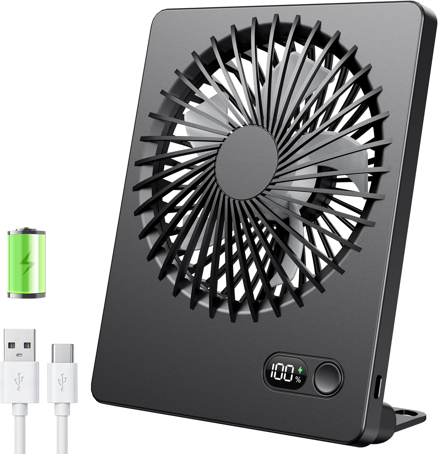 TriPole 2000mAh Rechargeable Desk Fan, Portable USB Fan Last Up to 6-16H, Smart LED Display, Ultra Quiet Small Table Fans, Head Adjustable for Office, Bedroom, Camping, Travel Cooling