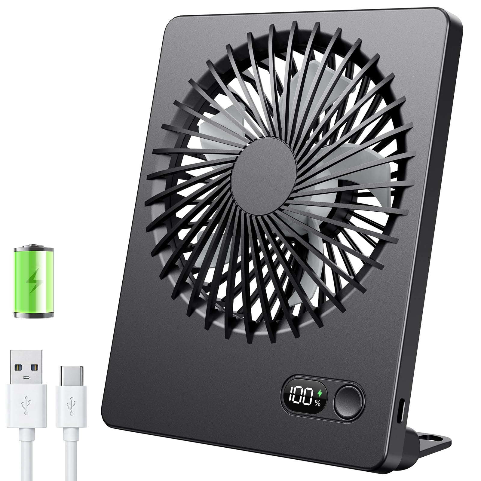 TriPole 2000mAh Rechargeable Desk Fan, Portable USB Fan Last Up to 6-16H, Smart LED Display, Ultra Quiet Small Table Fans, Head Adjustable for Office, Bedroom, Camping, Travel Cooling