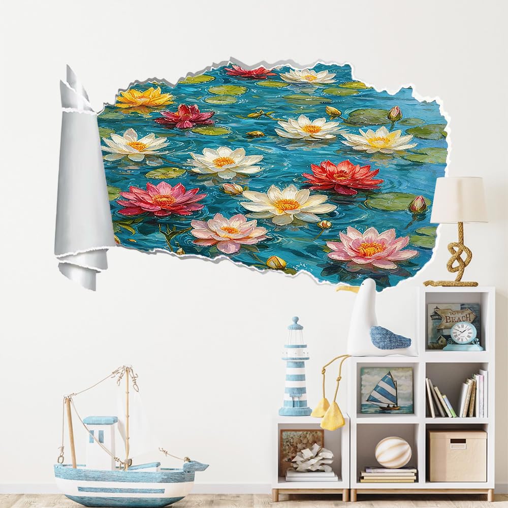 3D Durchbruch Wandtattoo Mädchen Kinderzimmer Lotus Wandaufkleber Dekorative Ölgemälde-Kunst Wandsticker für Junge Teenager Zimmer Wohnzimmer Schlafzimmer Wandbilder Deko