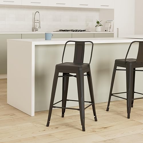 Miniatura 53 de Taburetes industriales modernos de metal con respaldo y 4 patas para barras, marca AC Pacific (juego de 2 unidades), Metal, Negro gastado Negro