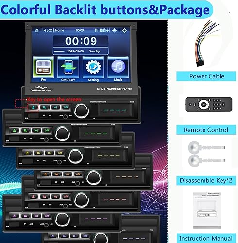 Miniatura 6 de Podofo Estéreo de coche con pantalla táctil monodinar, pantalla abatible motorizada de 7 pulgadas, radio de coche en unidad principal