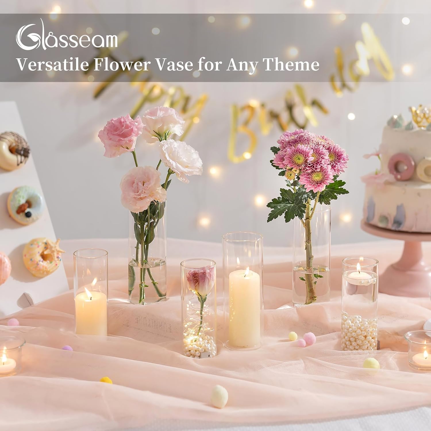 Glasseam Glass Cylinder Vase in Bulk: 12pcs Clear Small Bud Flower Vases for Centerpieces - Modern Hurricane Pillar or Floating Candle Holder for Wedding Party Table Living Room Home Decor, Tall 6"+7" - Image 5