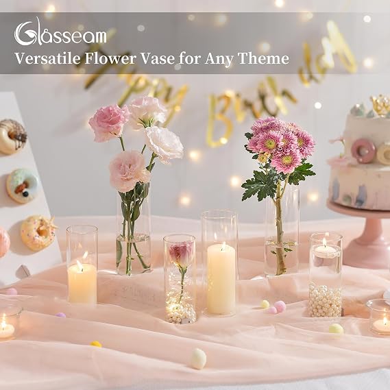 Glasseam Glass Cylinder Vase in Bulk: 32pcs Clear Small Bud Flower Vases for Centerpieces - Modern Hurricane Pillar or Floating Candle Holder for Wedding Party Table Living Room Home Decor, Tall 6+7