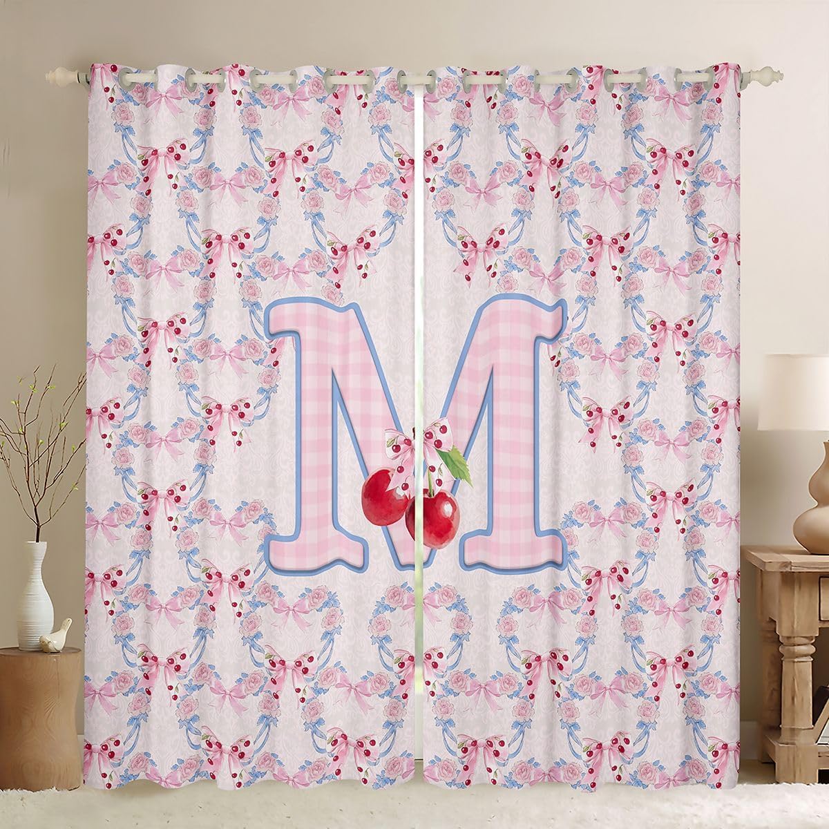 Feelyou Bow Cherry Blackout Curtains Botanical Floral Printed Darkening Drapes for Bedroom Living Room Decor Initial Letter B Thermal Insulated Shades Window Treatments, 2 Panels 52 x 63 Inch