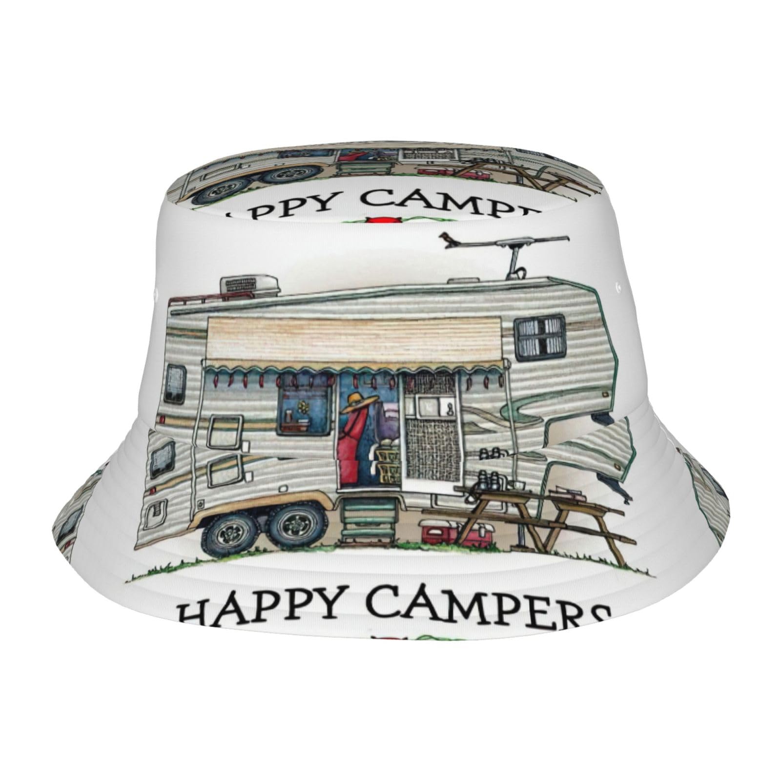 Jejea Unisex Black Happy Camper Print Bucket Hat For Men Women,Packable Reversible Printed Sun Hats,Fisherman Outdoor Summer