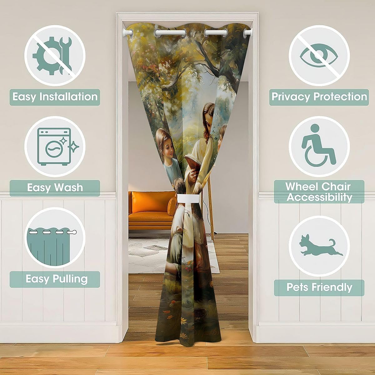 God with Children Kids Door Curtain,Western God Teaching Children Blackout Curtain,Bible Verse Artwork Spiritual Bedroom Doorway Living Room Decor,Colorful Privacy Door Drape 1 Panel,42" W X 84" L