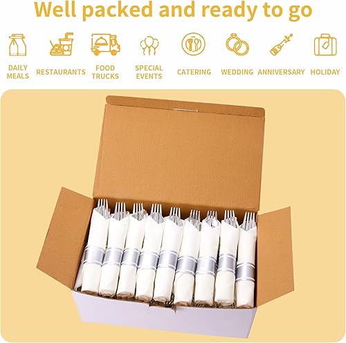 Miniatura 4 de N9R Juego de 75 cubiertos de plástico plateado preenrollados, 75 piezas (75 tenedores, 75 cuchillos, 75 cucharas, 75 servilletas), juego de