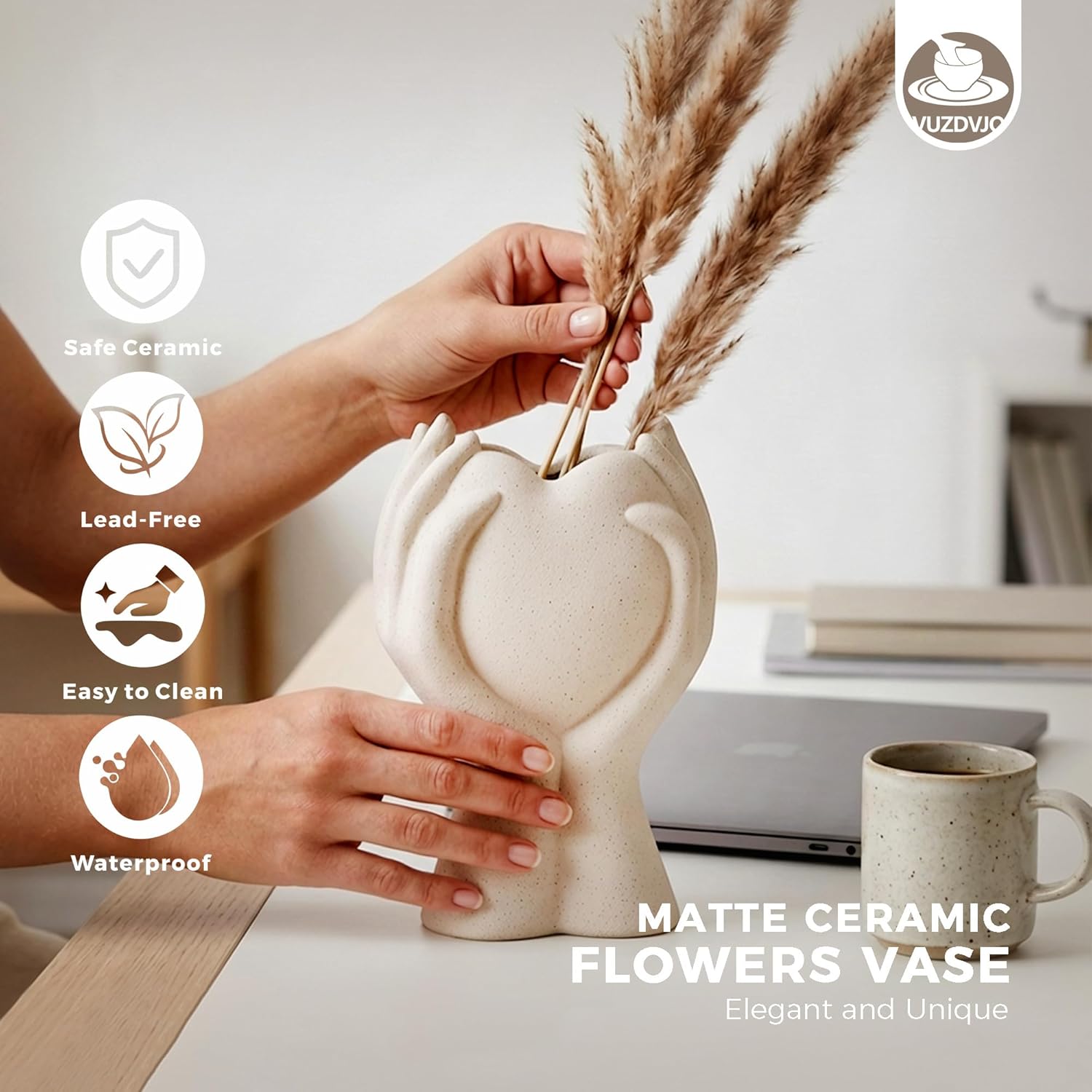 8 Inch Heart Hand White Ceramic Vase - Unique Modern Aesthetic Flowers Vase for Living Room Bedroom Office Kitchen Table Centerpiece or Shelf Decor (Cream White)