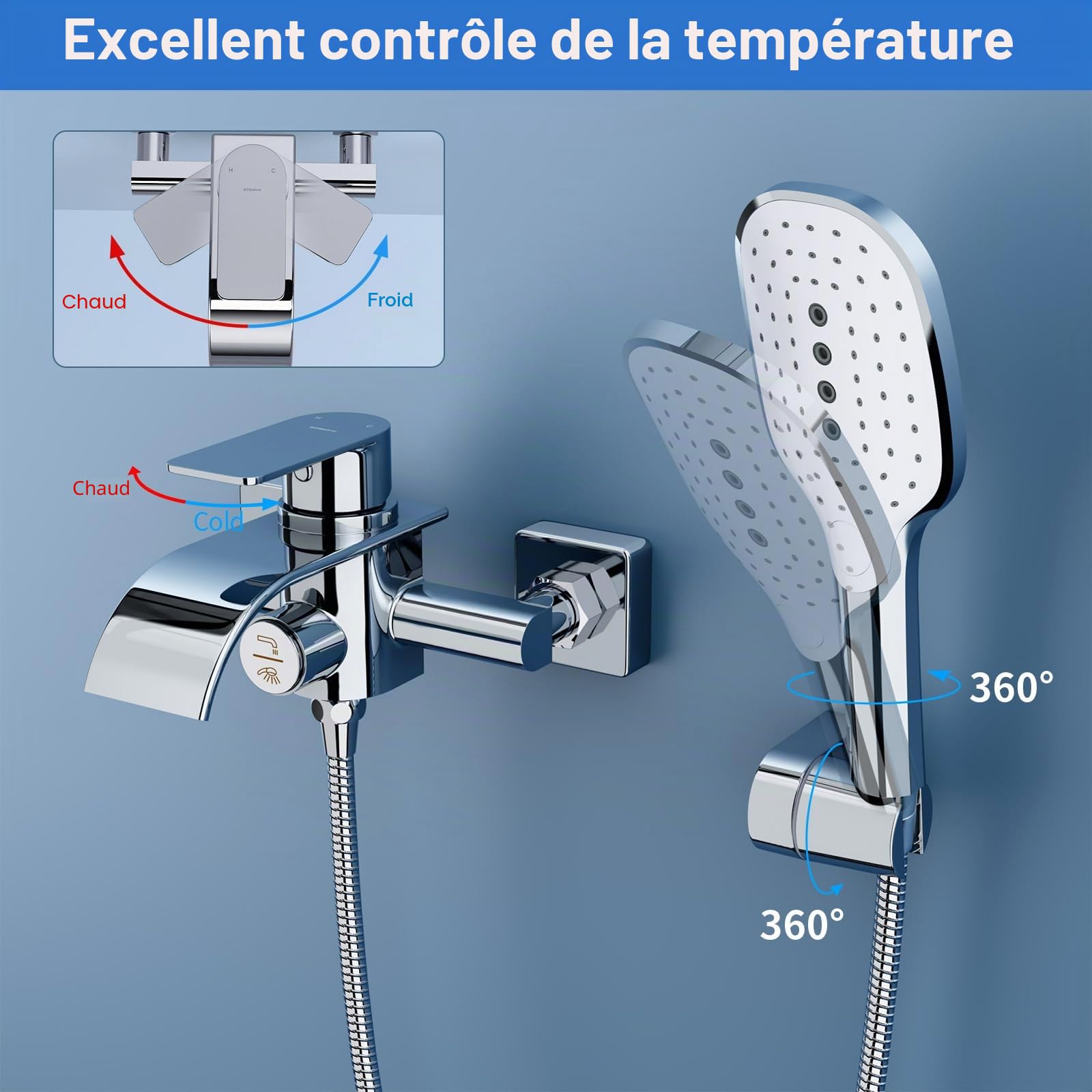 Robinet de Baignoire avec Douchette, Mitigeur en Laiton | Robinet Cascade, 3 Fonctions, Bouton Poussoir, Robinet à Une Main, Robinet de Baignoire pour Salle de Bain