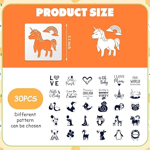 Miniatura 2 de Paquete de 30 lindas plantillas de baby shower para kit de decoración de mamelucos, plantillas reutilizables con temática de animales, plantillas de