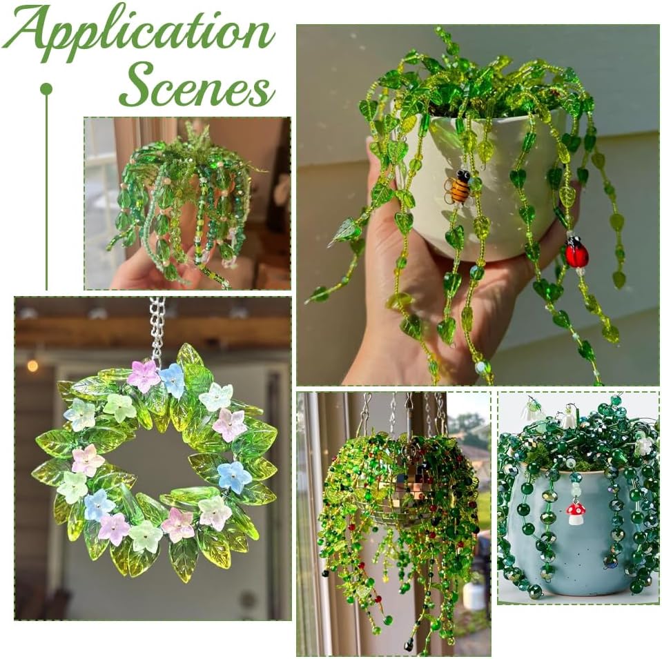 SUNNYCLUE 1 Box Beaded Plant Kit Green Glass Faceted Beads Forever Spring Moss Round Glass Crystal Leaf Flower Succulent Plants Beads Kit for Jewelry Making Home Decor DIY Craft Gifts Accessories