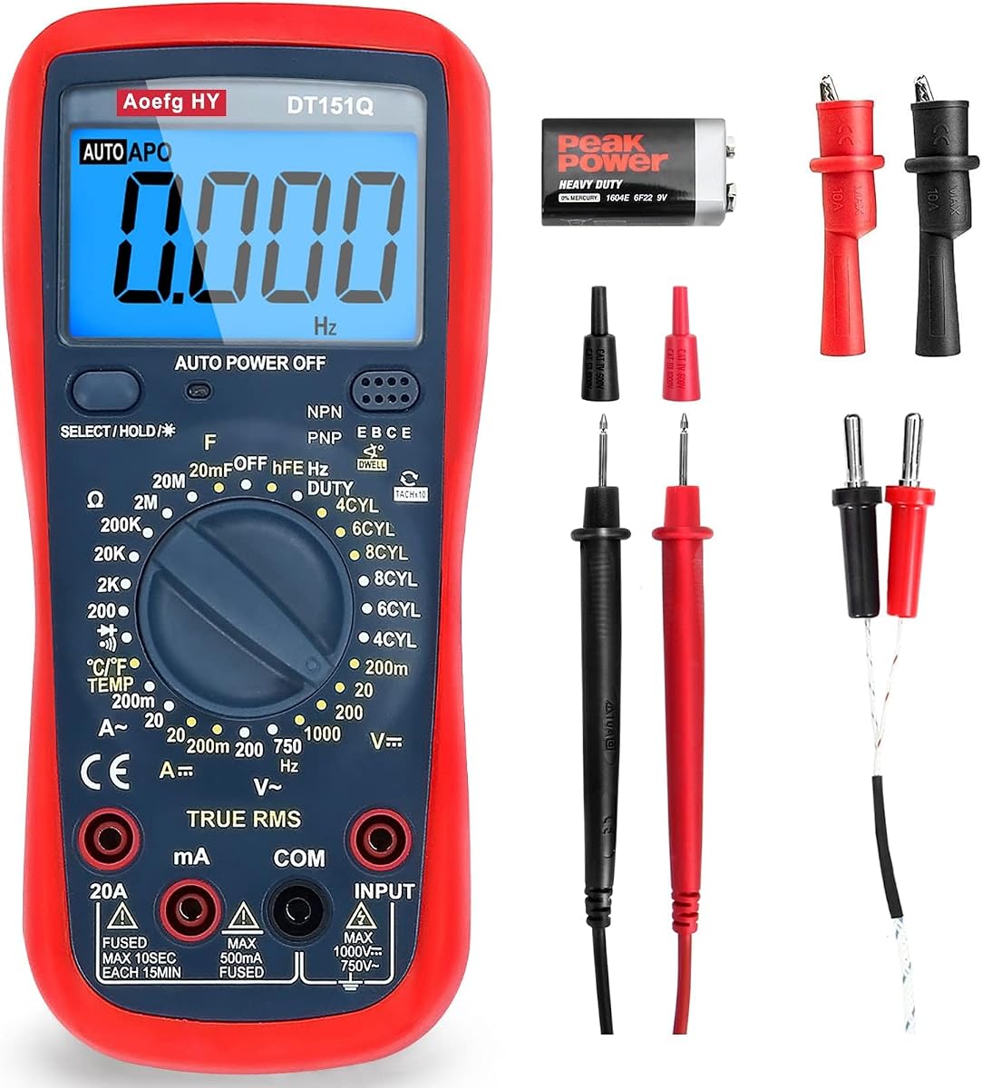Multímetro automotriz, verdadero valor eficaz CAT III 600 V, probador de voltaje/corriente CA/CC, temperatura/frecuencia/ohmios/ciclo de trabajo, prueba de ángulo de permanencia de 4-8 cilindros, capacitancia y HVAC/herramientas industriales con medición de RPM del motor.
