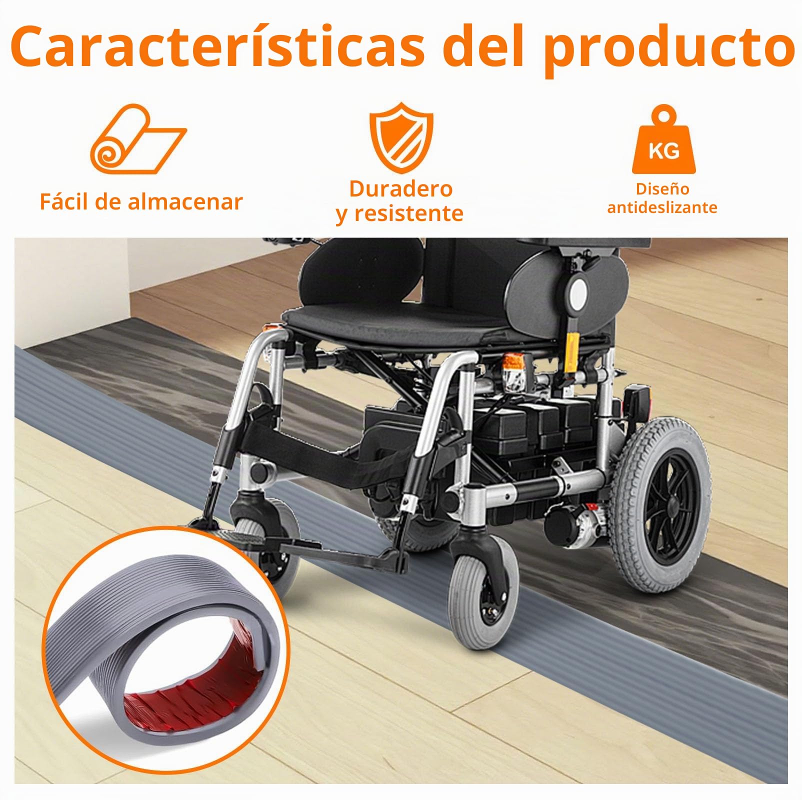 100 x 6.5 x 2.5cm Rampa Sillas Ruedas, Rampa Umbral Puerta, Rampa Escalones Superficie Antideslizante Goma PVC, Barra Transición Autoadhesiva para Andador, Scooter, Cochecito, Bordillos Rampas (Gris)