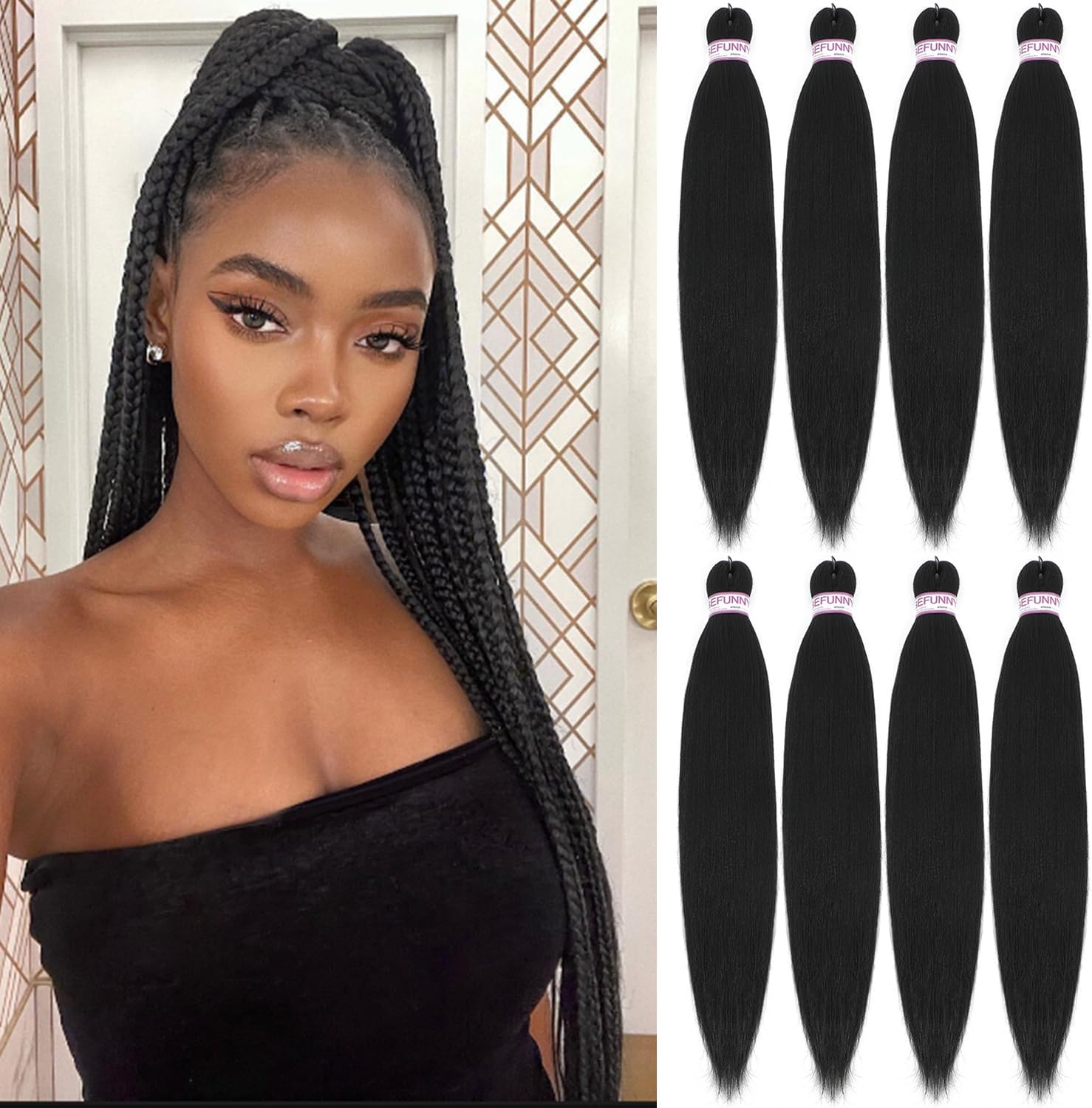 24 -(8Packs), 1B# : Befunny 8Pieces/Lot 24Inch Pre-Stretched Braiding Hair Professional Long Human Hair Extension For Braid/Twist Perm Yaki Straight Easy Braid Hair For Women Low