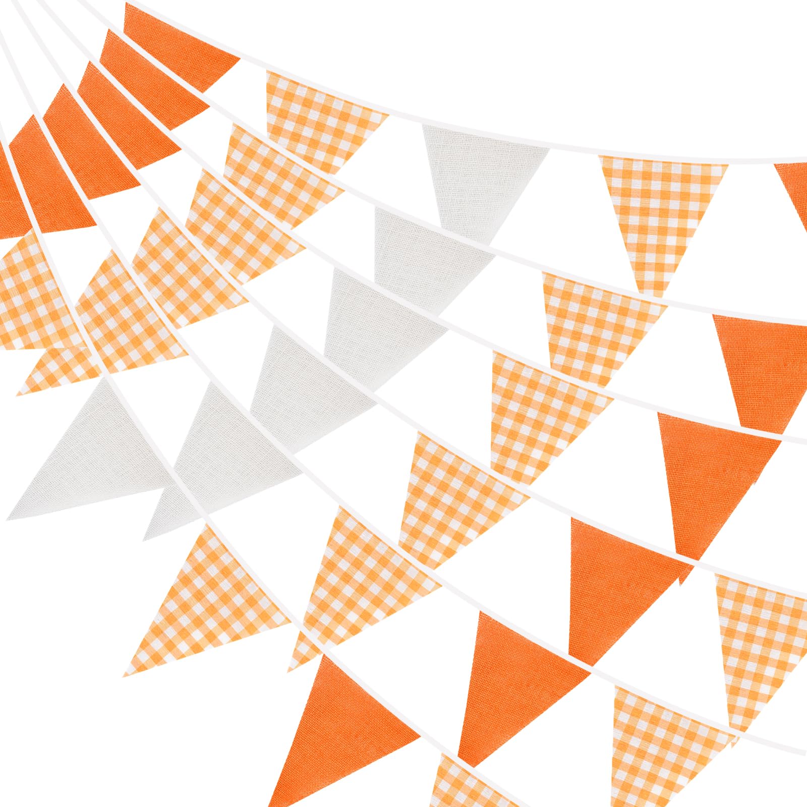 G2PLUS Fabric Gingham Bunting Banner: 10M Orange and White Reusable Vintage Bunting, 36PCS Cotton and Hessian Outdoor Triangle Flag Garland for Garden Party, Picnic, Birthday, Outdoor Party