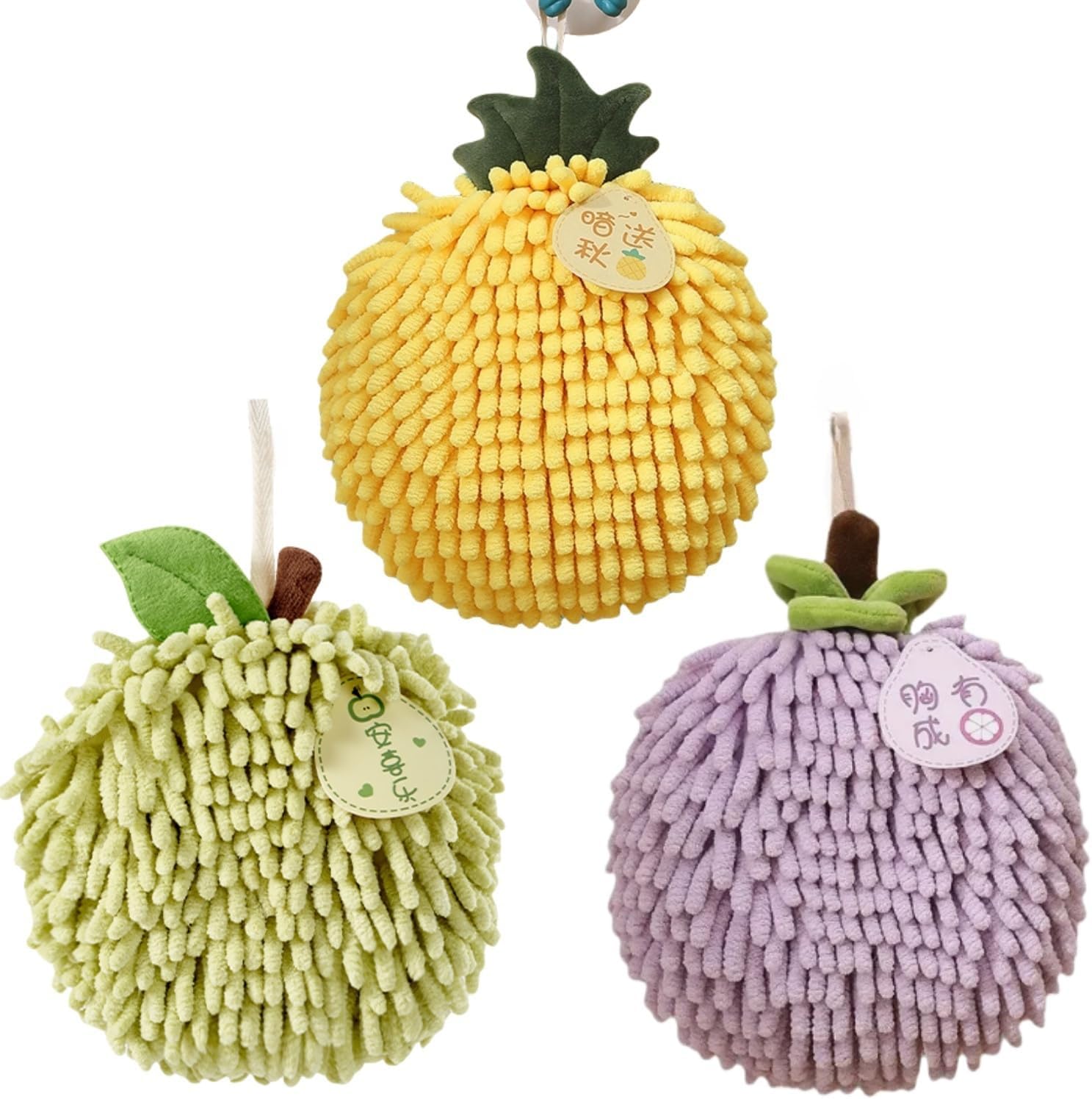 Cute Fuzzy Chenille Hand Towel Ball with Hanging Loops,Hanging Hand Towels for Bathroom Kitchen Quick Dry, Absorbent Hand Bath Towel,Set of 3(Green Yellow Purple)
