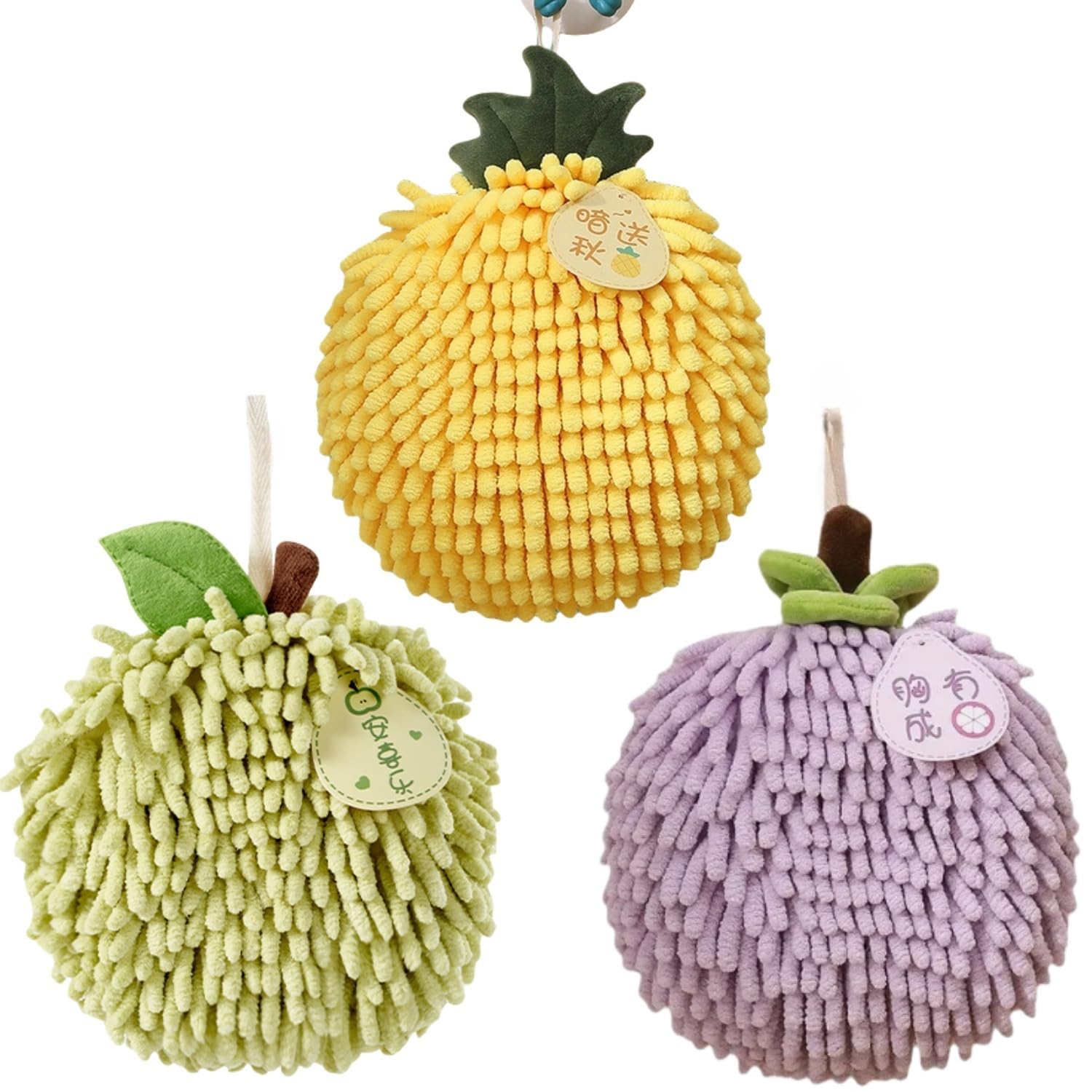 yaocoral Cute Fuzzy Chenille Hand Towel Ball with Hanging Loops,Hanging Hand Towels for Bathroom Kitchen Quick Dry, Absorbent Hand Bath Towel,Set of 3(Green Yellow Purple)