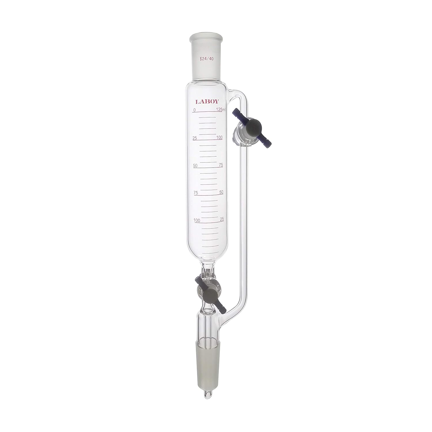Laboy Glass 125mL Addition Graduated Pressure Equalizing Dropping Funnel with 24/40 Joints & Two 2mm PTFE Stopcocks Chemistry Lab Glassware