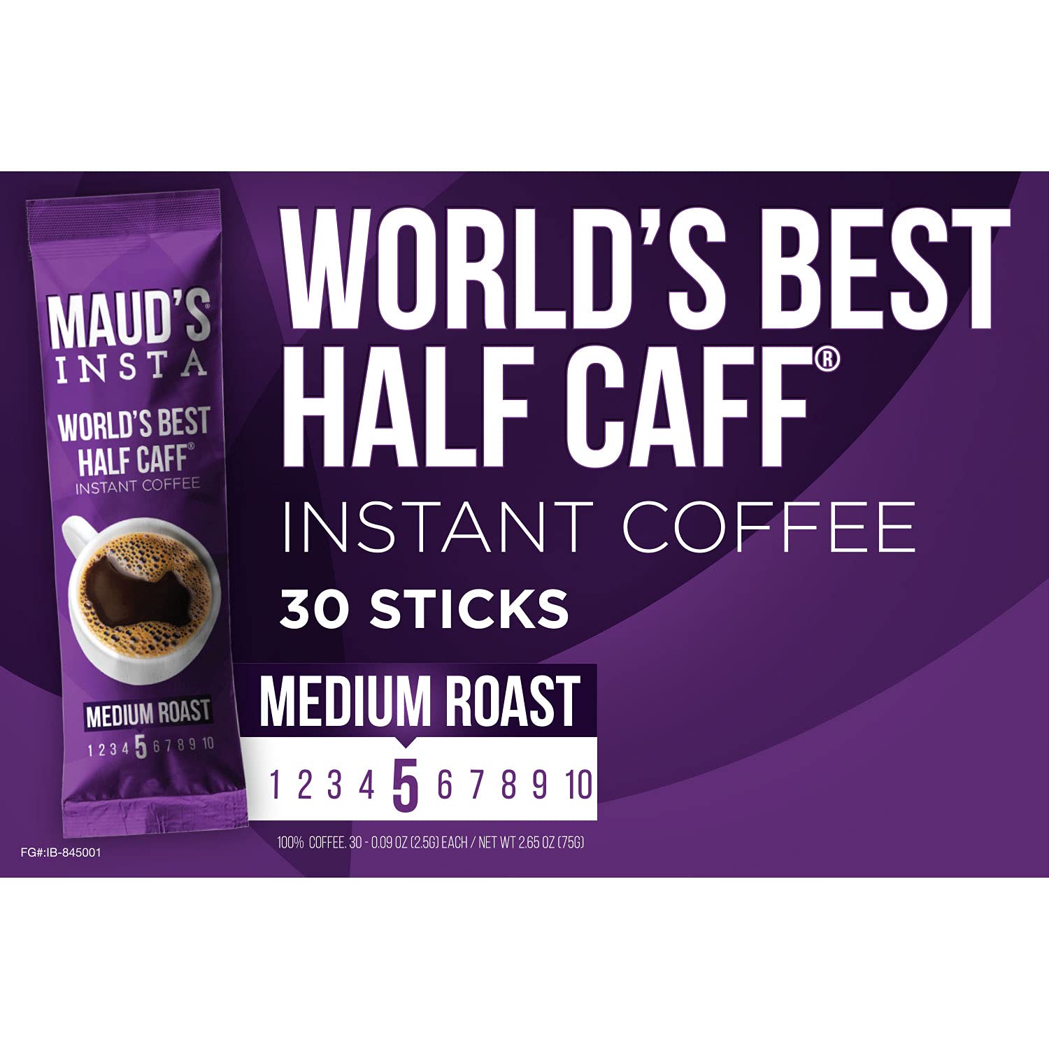 Maud's Instant Half Caff Coffee (Insta World's Best Half Caff), 30ct. Solar Energy Produced Single Serve Medium Roast Half Caff Instant Coffee Travel Packs – 100% Arabica Coffee California Roasted: Grocery & Gourmet Food