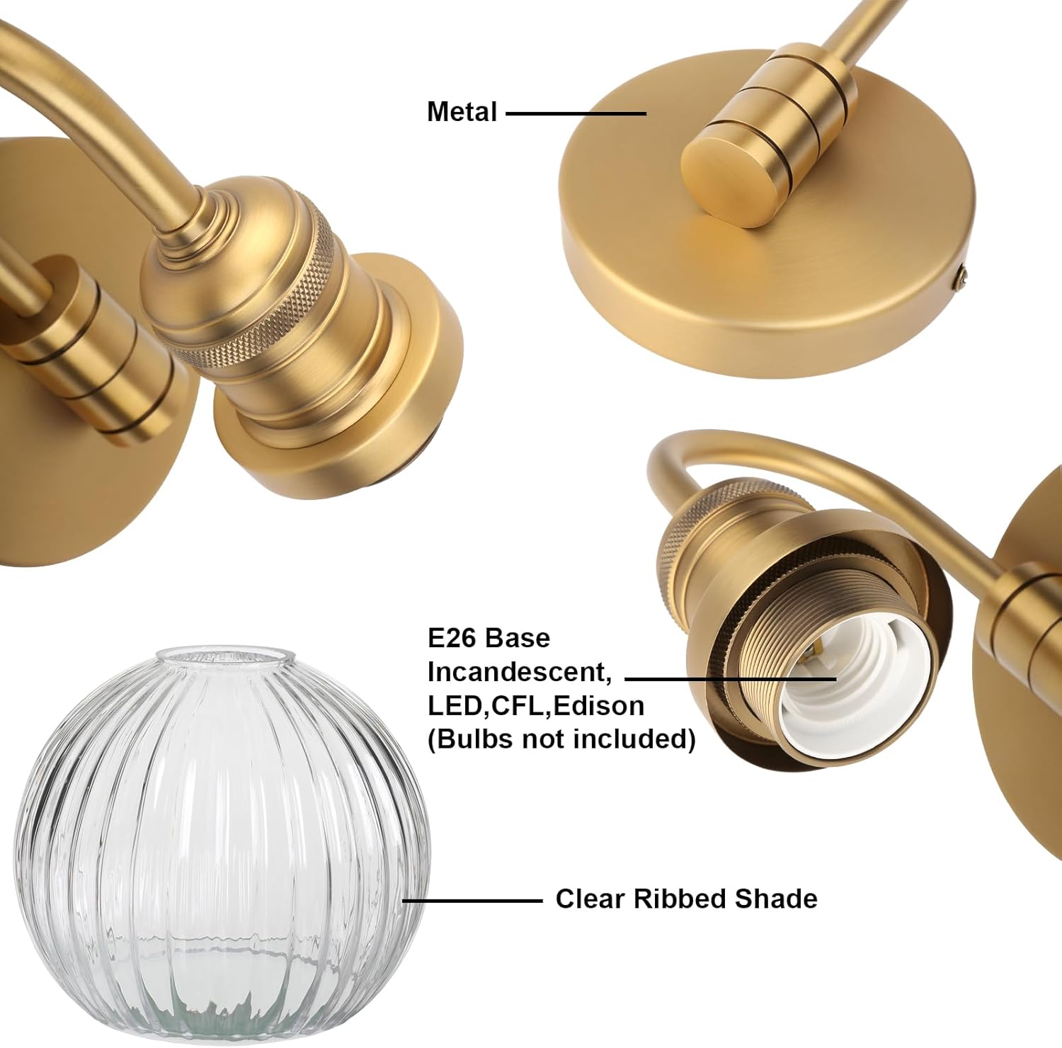 Yosoan Aged Brass Gold Boho Vintage Bathroom Wall Sconce with Striped Shade, 1-Light Indoor Hardwired Vanity Wall Mounted Fixture with Round Glass Lamp for Bedroom Mirror Living Room(Antique)