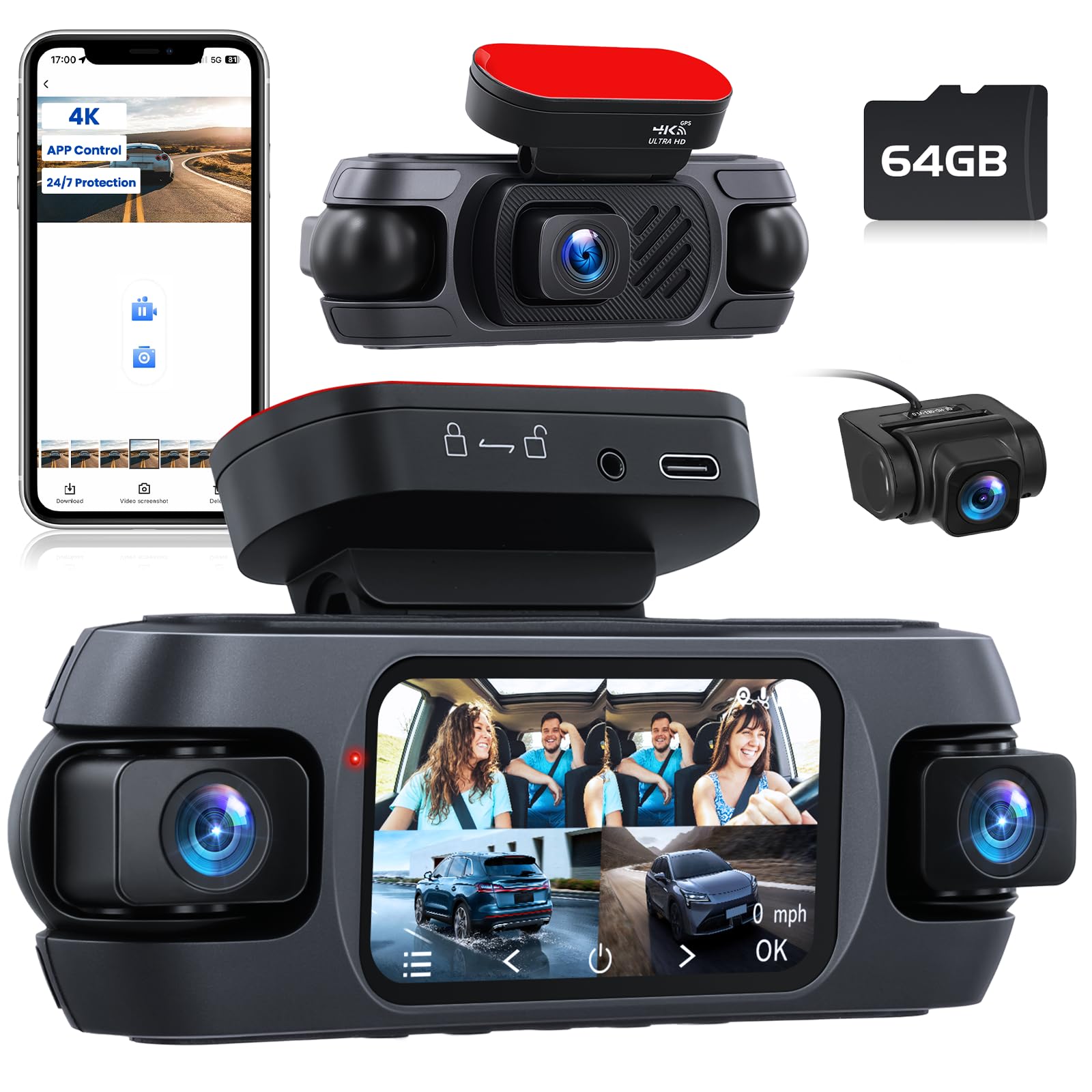 Dash CAM 4 Canales WiFi 4K Delantero Pantalla 3" 64GB | GPS. G-Sensor. Bucle. BSD. Visión Nocturna. Monitor Aparcamiento 24h