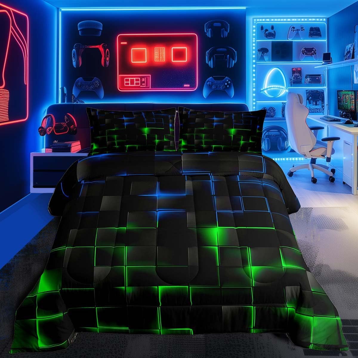 Feelyou Green Blue and Black Comforter Set Queen Size Kids Light Geometric Comforter for Boys Teens Bedding Set Modern Style Duvet Set Room Decor Quilt Set