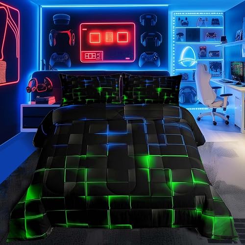 Feelyou Green Blue and Black Comforter Set Full Size Kids Light Geometric