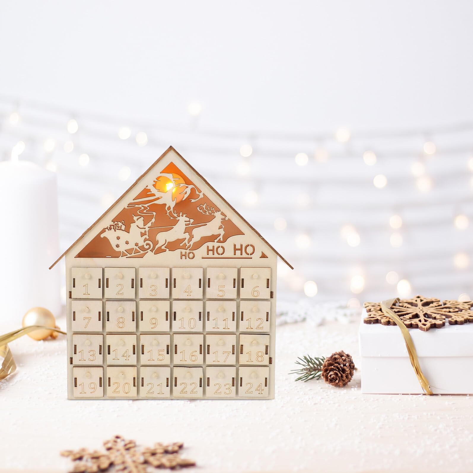 DIY Adventskalender Schublade Hölzerner Weihnachtskalender Hölzerne Adventsboxen Weihnachtssüßigkeitenboxen Beleuchteter Adventskalender Beleuchtetes Holzhaus Beige