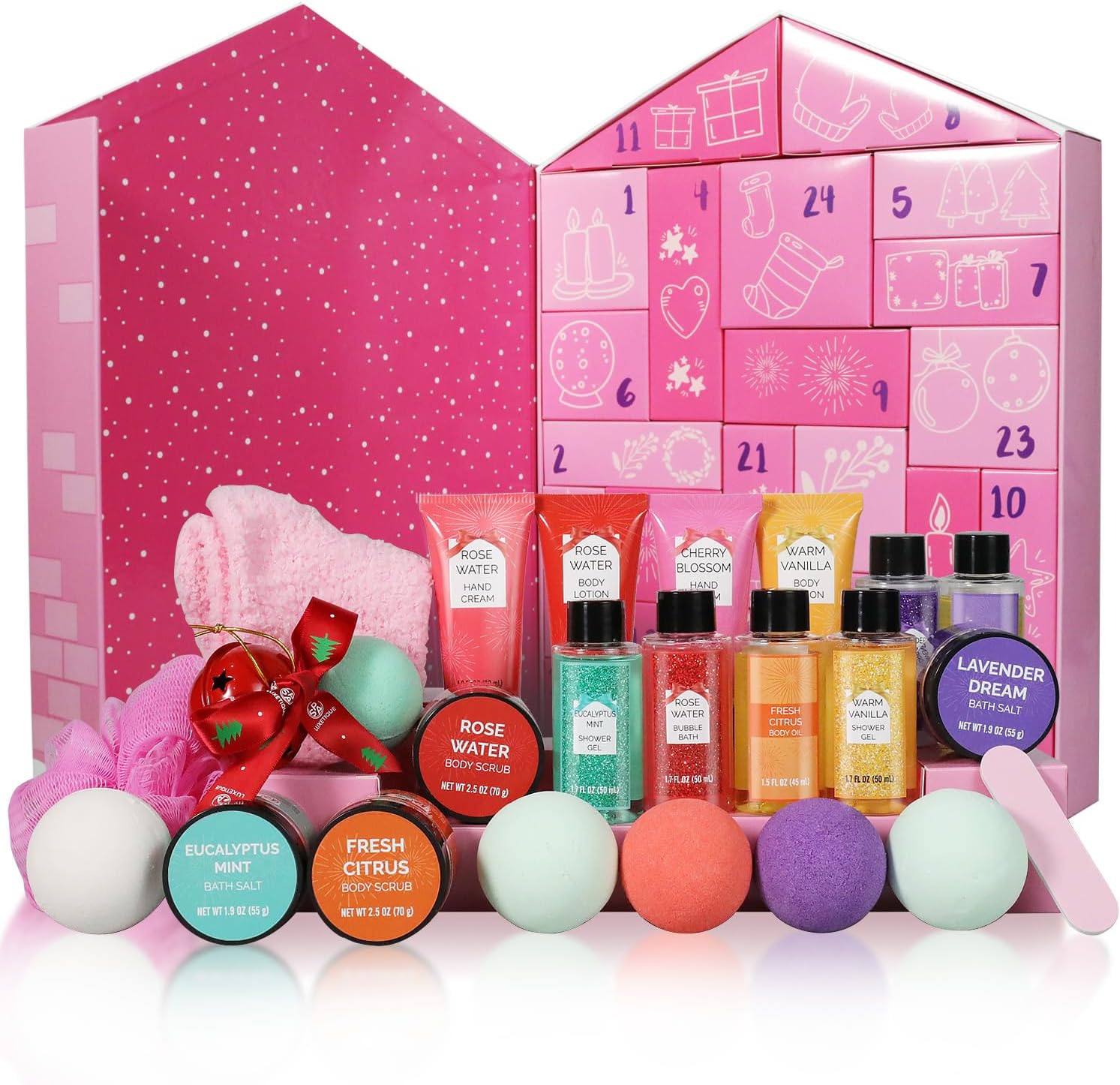 Christams Advent Calnedar, Pink Mom Gift for Hoilday, Beauty Advent Calendar for Daughter Girls, Christmas 24Day Countdown Calendar, Bath Set with Bath Bomb Hand Cream Body Lotion Christmas Sock - Image 7