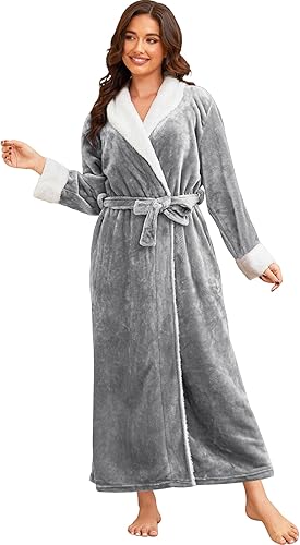 Hellomamma Bata de baño larga para mujer, de felpa suave, de forro polar, camisón para mujer, pijama, ropa de dormir
