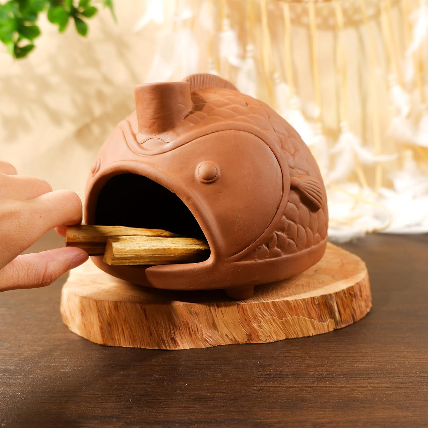MOUGIGI Large Fish-Shaped Terracotta Palo Santo Holder - Cone Burner for Sage,Chiminea Incense Dish with Chimney,Ideal for Meditation, Zen, Yoga, Spa & Wellness | Anxiety & Stress Relief Items