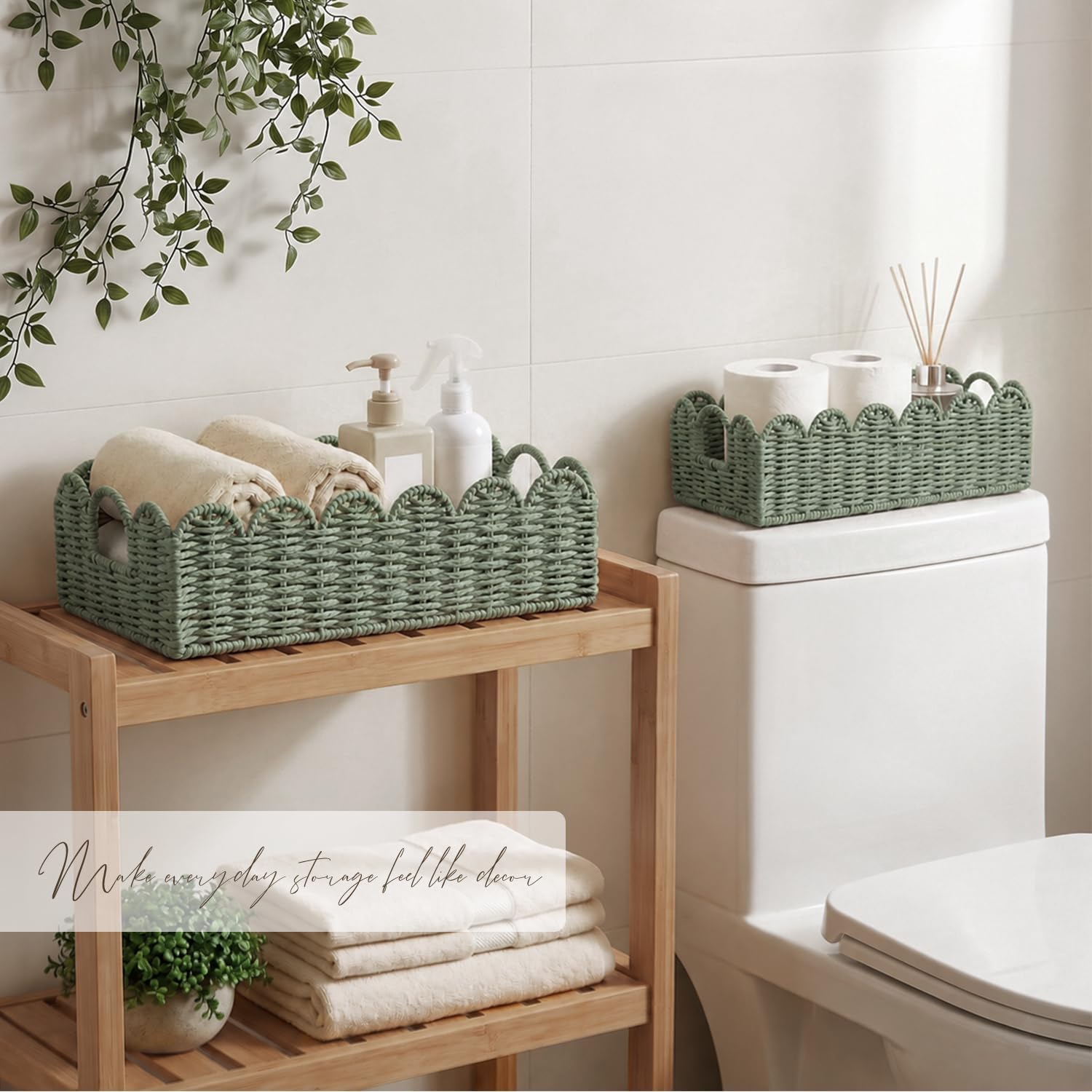 Scalloped Toilet Paper Storage Baskets with Handles, Set of 2 image 2
