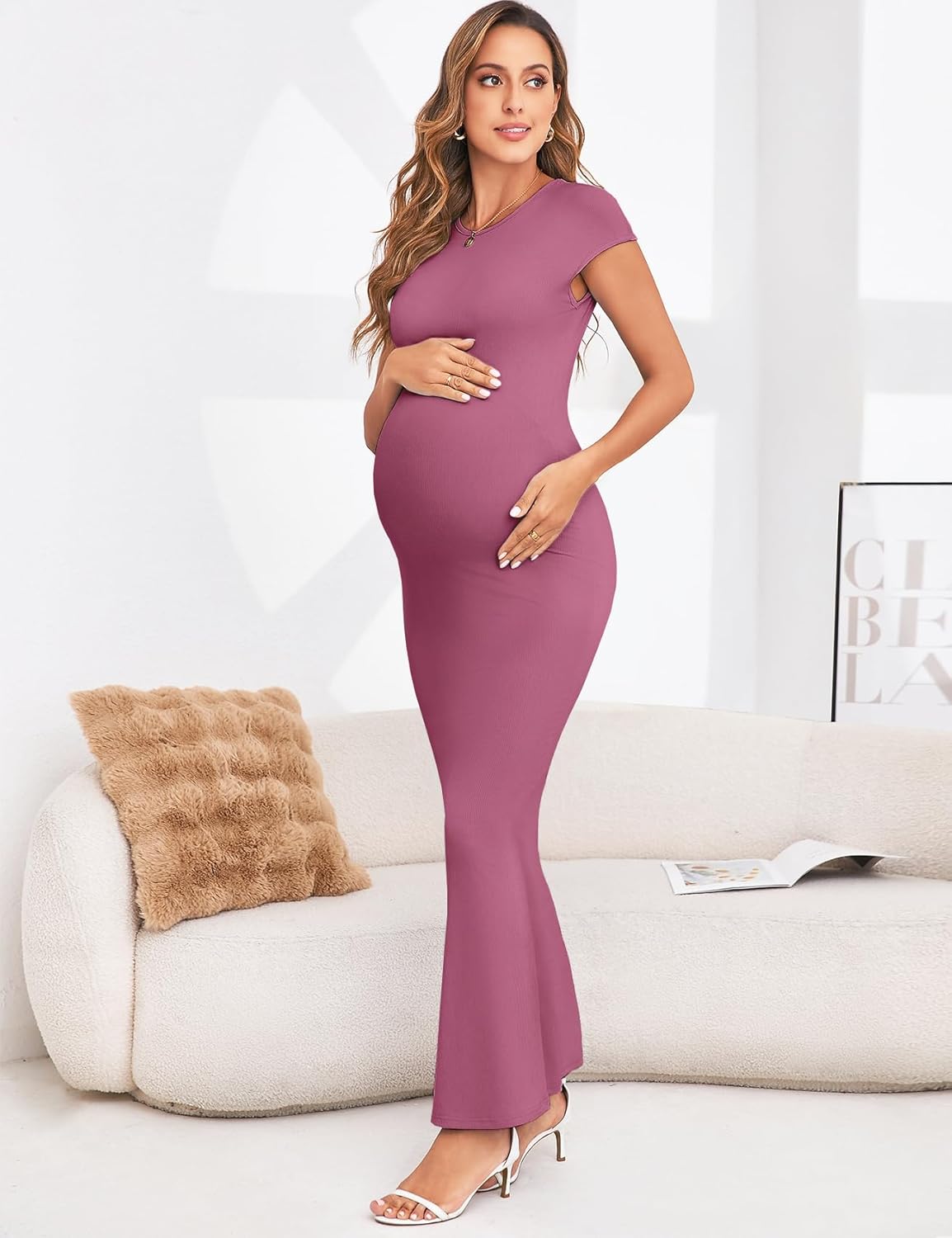 AISWI 2025 Maternity Bodycon Mermaid Maxi Dress Sexy Square Neck Short Sleeve Ribbed Pregnancy Dresses Baby Shower Photoshoot