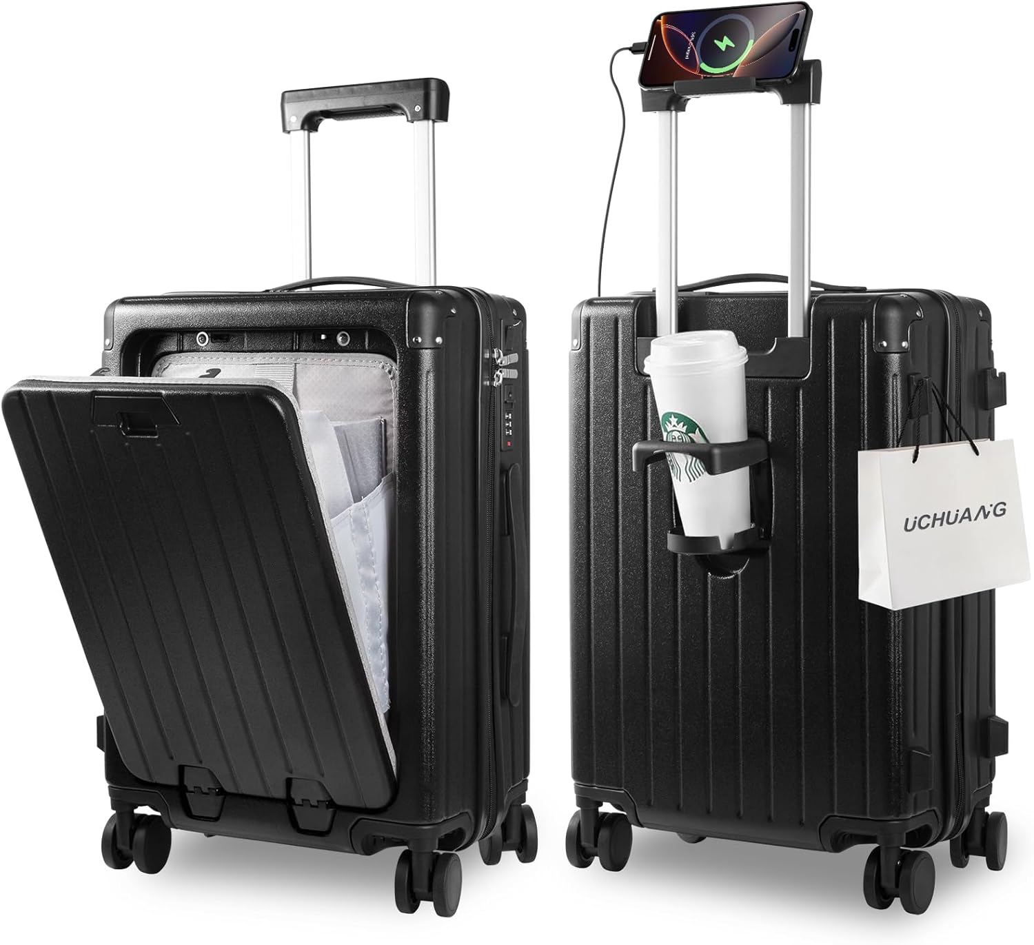 UCHUANG 20 Inch Suitcases with Spinner Wheels, Carry On Suitcase with Front Open Laptop Compartment, Expandable Checked Hard Case Travel Luggage with Customs Lock and Cup Holder USB interface, Black