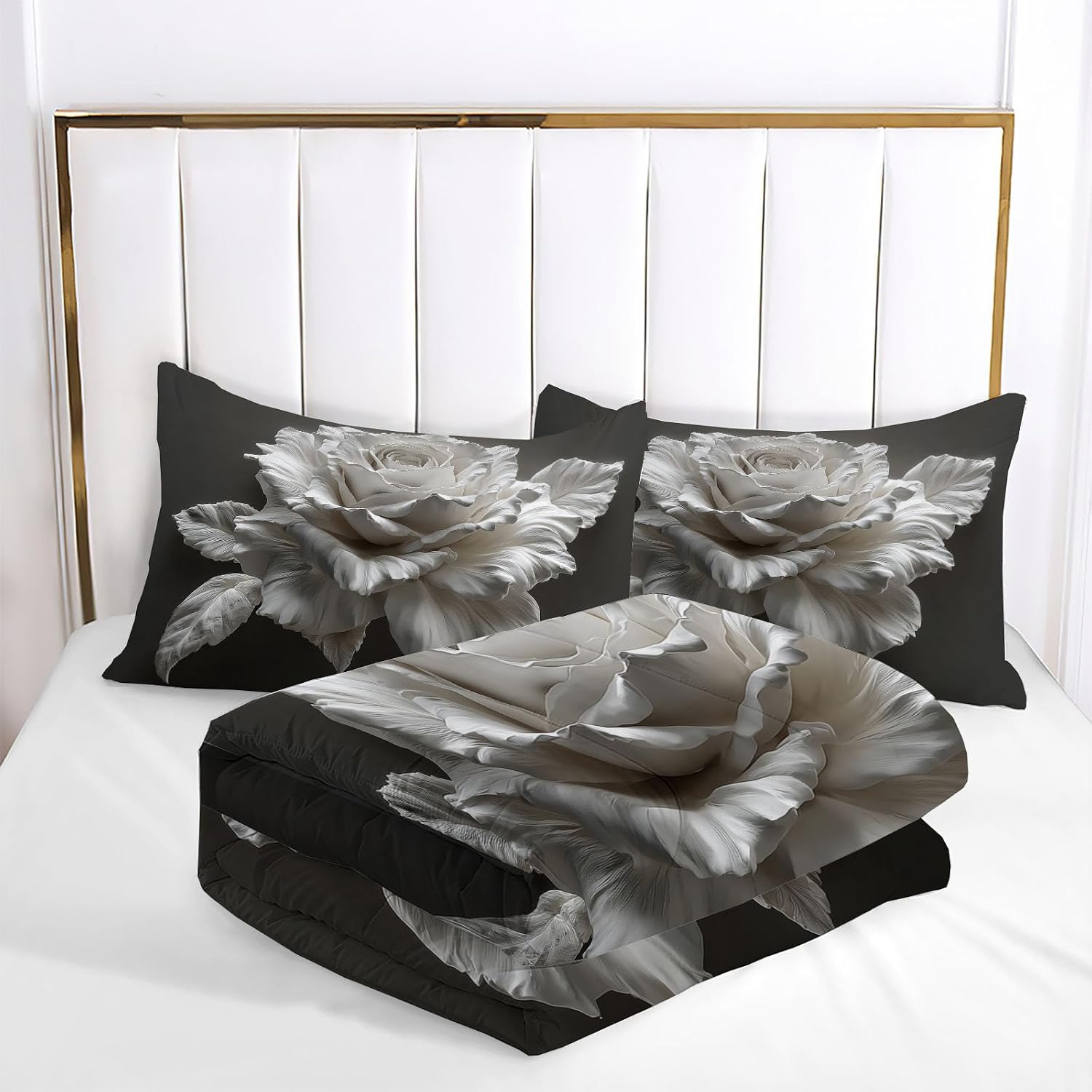 Plaster Texture Comforter Set King Size, Luxury Roses Bedding Set for Girls Boys, Grey Quilt Bed 104"X90" Bedding Comforter Sets with 2 Pillowcase Room Decor