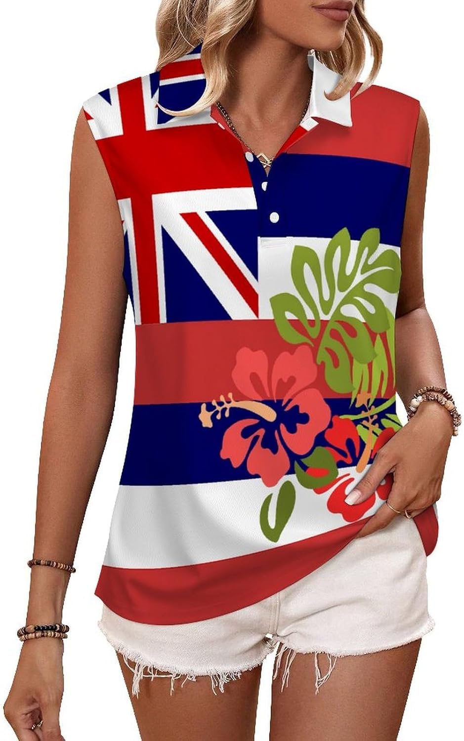 Hawaii Hawaiian Flag Tropical Plants Women's Golf Shirt Sleeveless Polo Shirts Tank Tops Blouses
