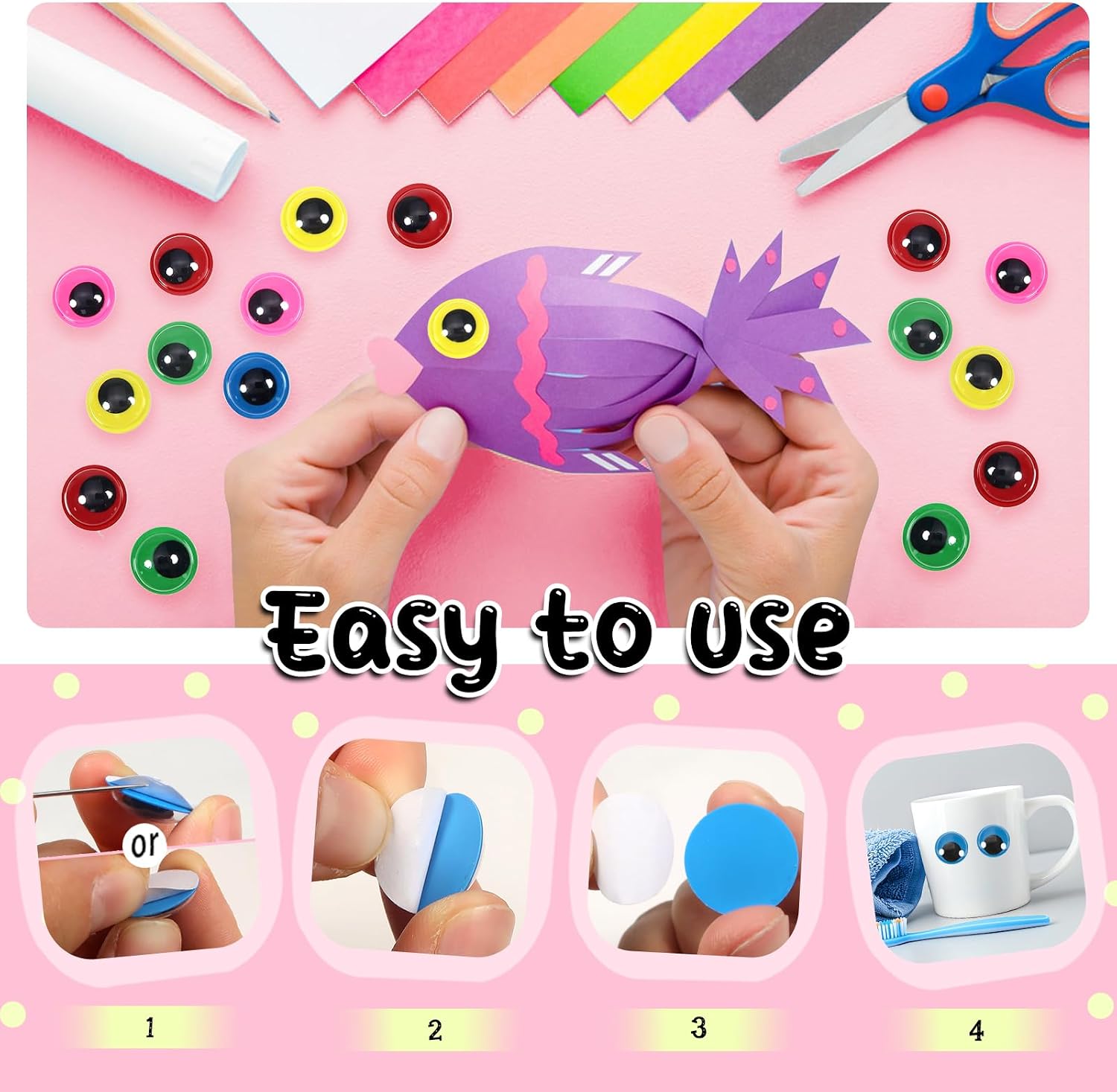 TOAOB 300pcs 18mm Googly Wiggle Eyes with Self Adhesive Craft Sticker Eyes | Round Plastic Large Googly Eye for DIY Arts Scrapbooking Accessories Handmade Crafts Red Dark Green Blue Pink Yellow