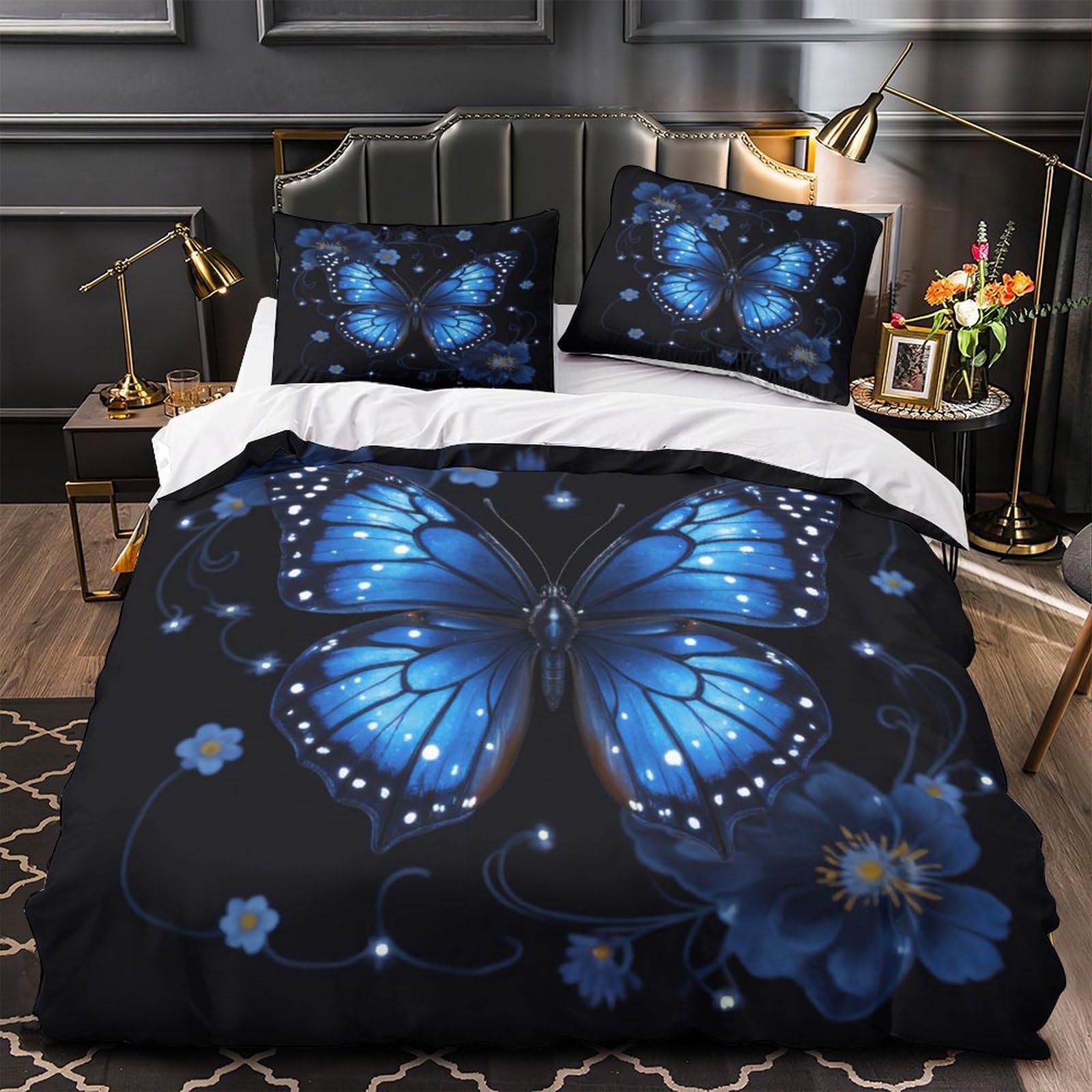 Parure de lit papillon bleu 140x200 avec housse de couette en microfibre et taie d'oreiller