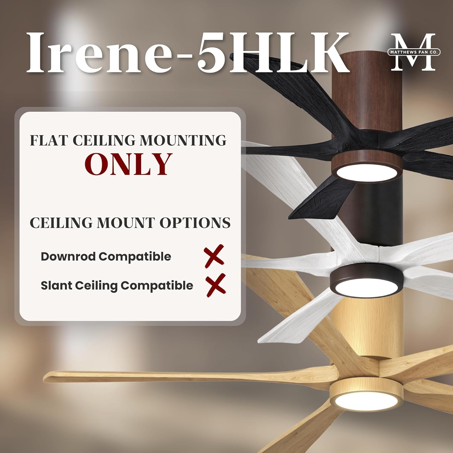 Matthews IR5HLK-BN-WA-42 Irene 42" Damp Rated Flush Mount Ceiling Fan with Light and Remote & Wall Control, Silent DC Motor, Solid Wood Blades, Brushed Nickel with Walnut Tone