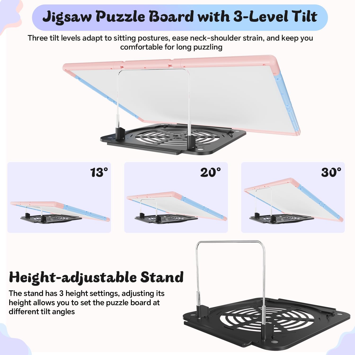 1500 Pieces Puzzle Board 3-in-1 Double-Sided & Rotating & Tilting, Plastic Puzzle Table with Sorting Boxes and PVC Cover, Portable Lazy Susan Jigsaw Puzzle Board for Adults, Blue Pink