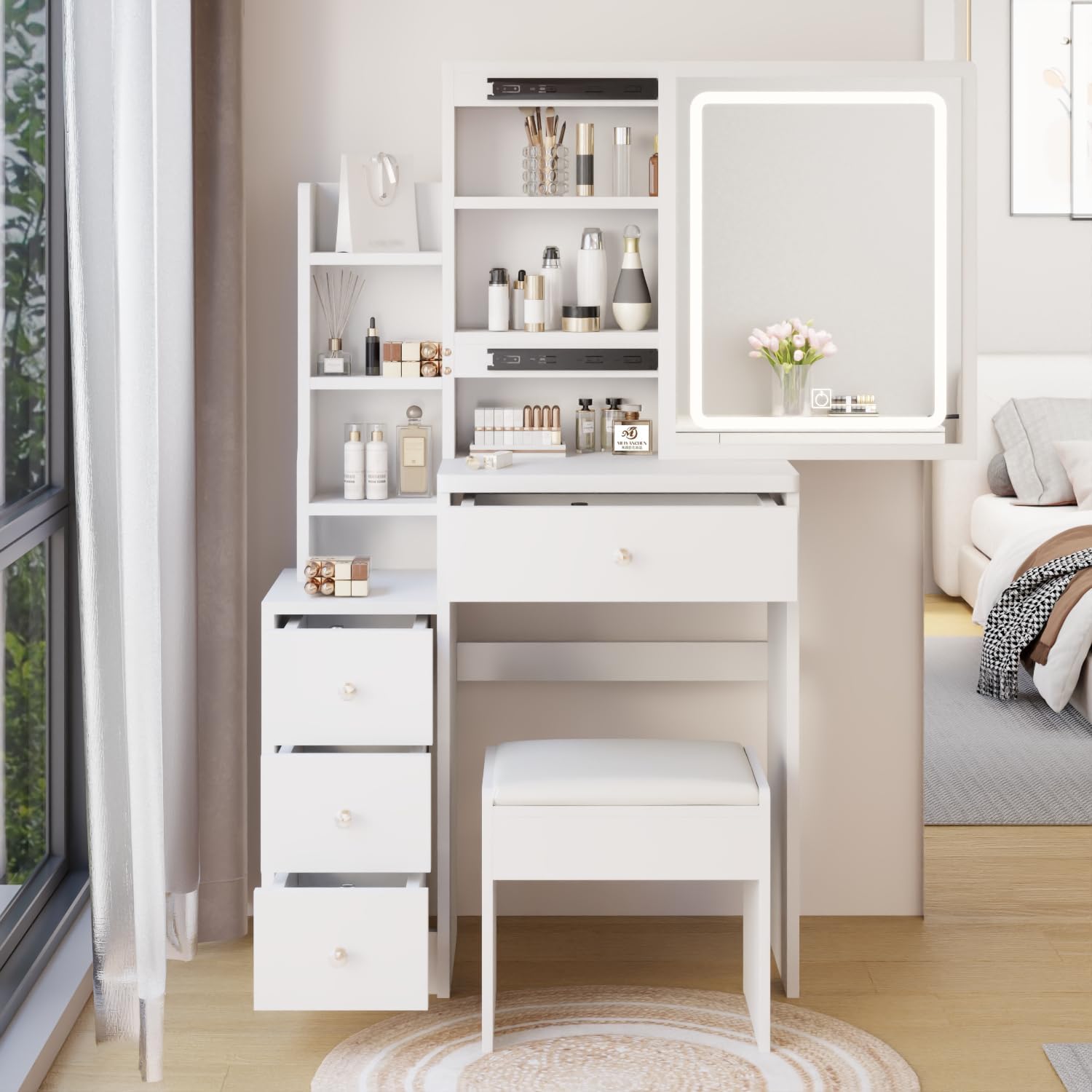 29.2" W Small Vanity Desk with Mirror and Lights, White Makeup Vanity Set with 4 Drawers and 5 Shelves, Dressing Table with Cushion Stool, Sliding Mirror for Bedroom