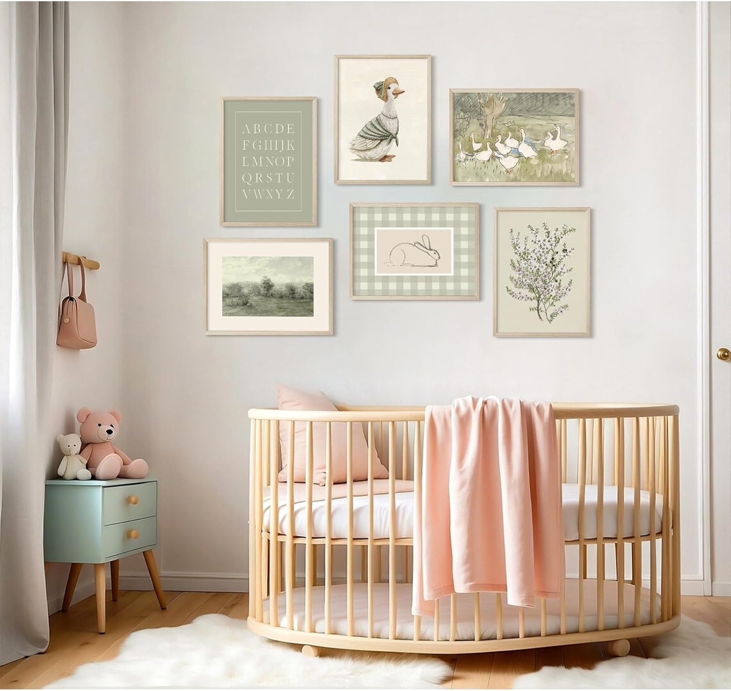 Vintage Nursery Wall Art Kids Canvas Poster Baby Room Wall Decor Sage Green Duck Wall Art Bunny Prints Floral Picture Nursery Children Artwork for Farmhouse Bedroom 8x10x6 Inch Wood Framed