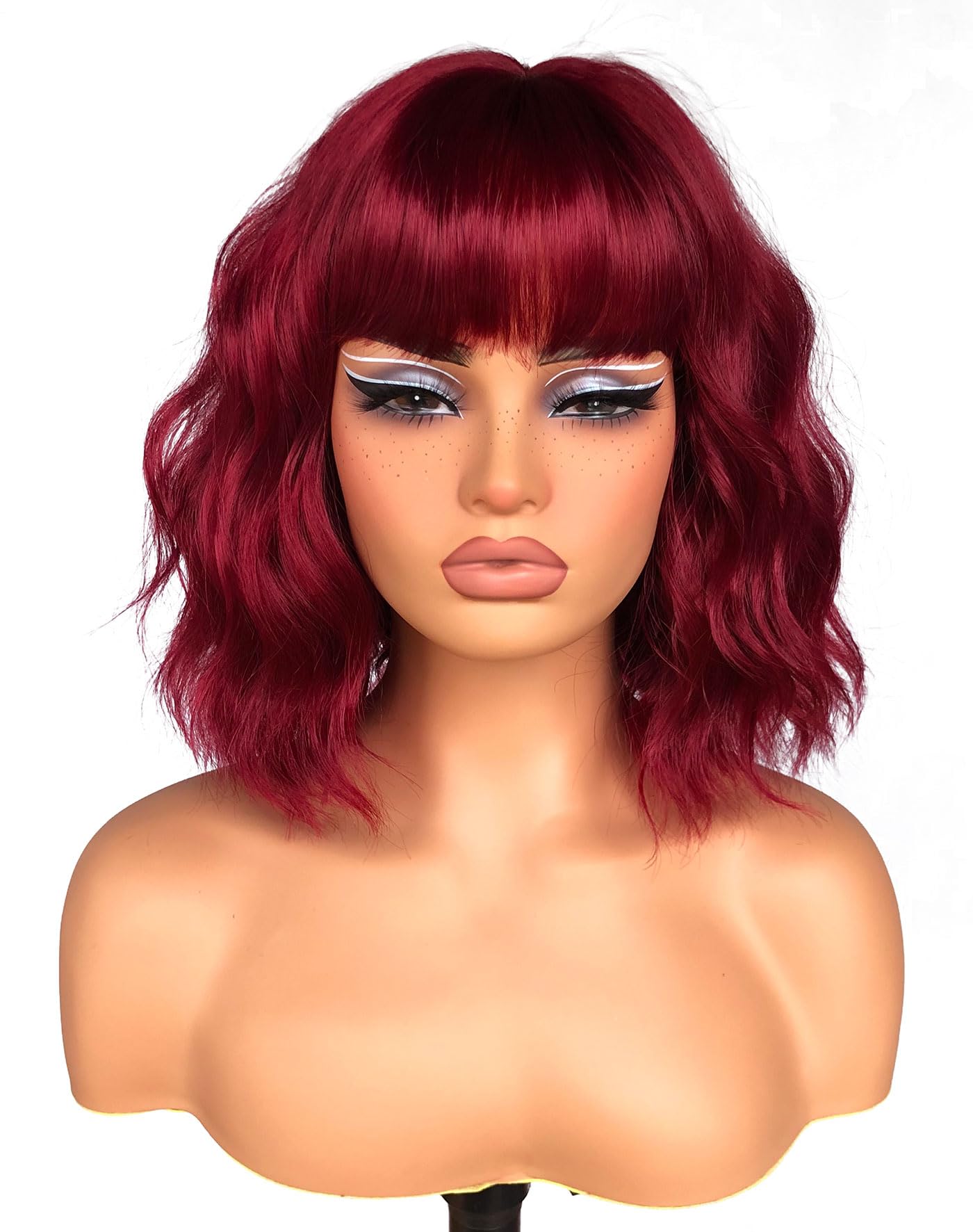 ISAMY Short Bob Wigs With Air Bangs Shoulder Length Women's Wig Bob Curly Wavy Synthetic Cosplay Wig for Girls Daily Use Colorful Wigs (Red) - Image 2