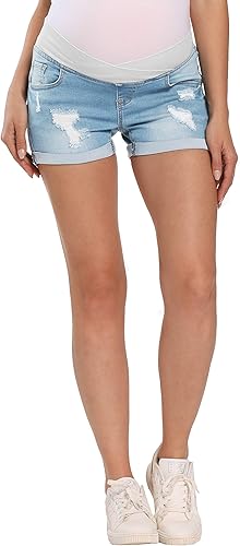 Kegiani Pantalones cortos de mezclilla de maternidad sobre el vientre con banda elástica ancha pantalones cortos de verano para embarazo pantalones