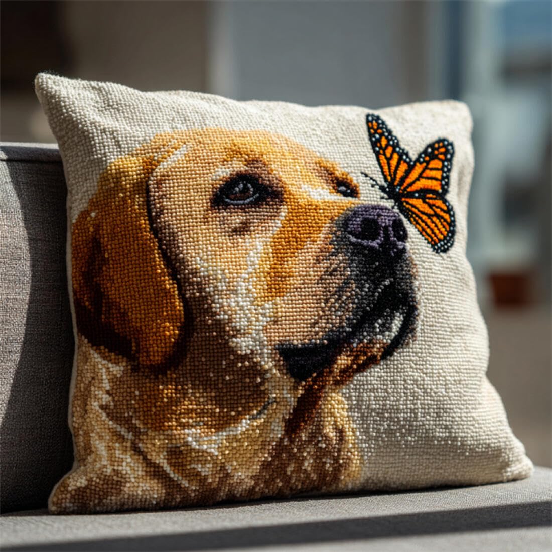 Kitquiver Animal Latch Hook Pillow Kit Labrador Retrievers and Butterflies DIY Latch Hook Kits Pattern Printed Throw Pillow Case Cushion Cover for Adults and Beginners 17x17In