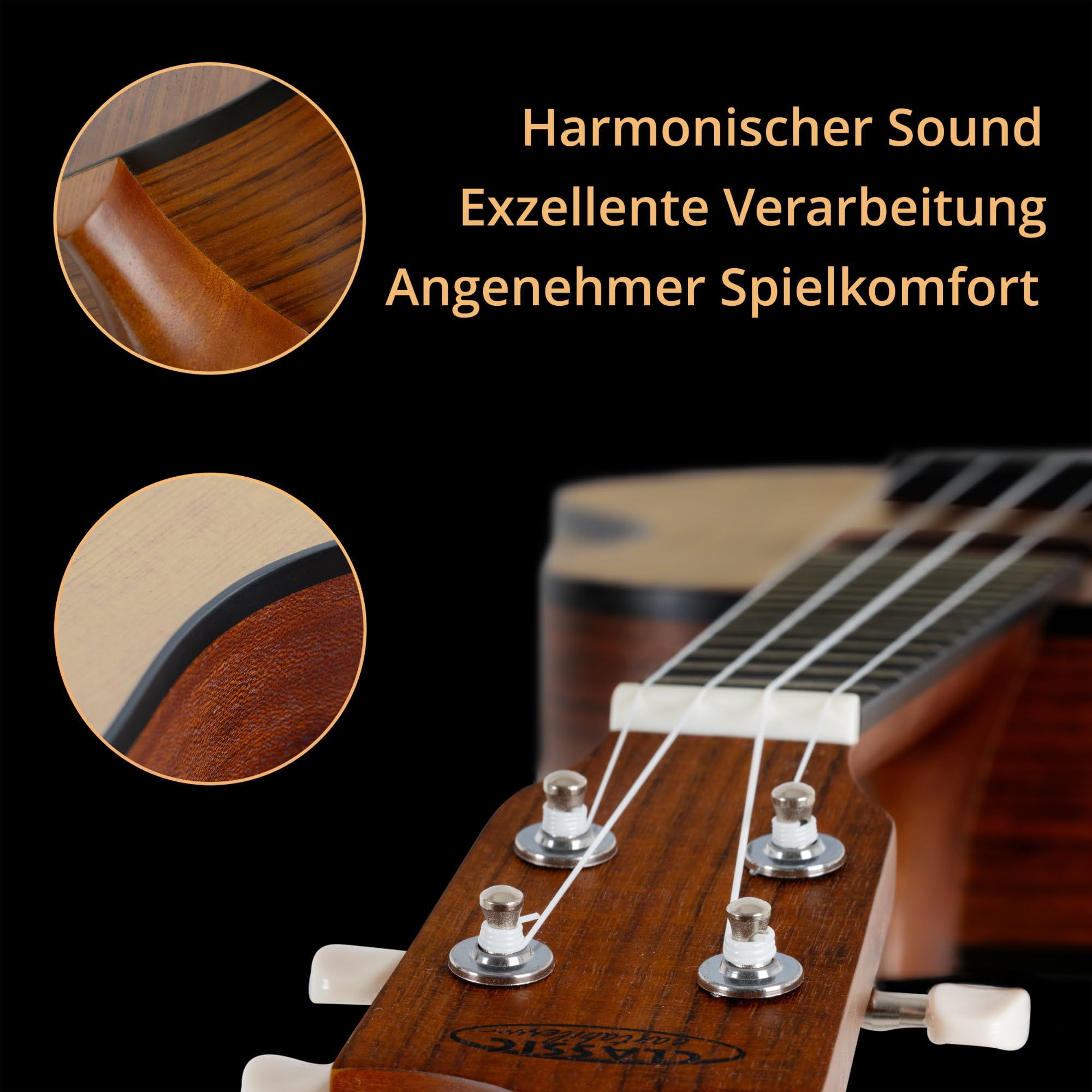 Classic Cantabile Sopran Ukulele Natural Set inkl. Grifftabelle, 15 Bünde | Sopran-Mensur (343 mm), Gesamtlänge: 54 cm, Decke: Fichte, Boden und Zargen: Sapele, Hals: Okoume, Griffbrett: Black Richnite