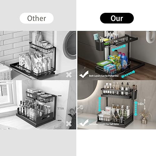 Miniatura 7 de Organizador de metal para debajo del fregadero, 2 niveles, doble deslizante, almacenamiento debajo del fregadero para cocina y baño, color negro
