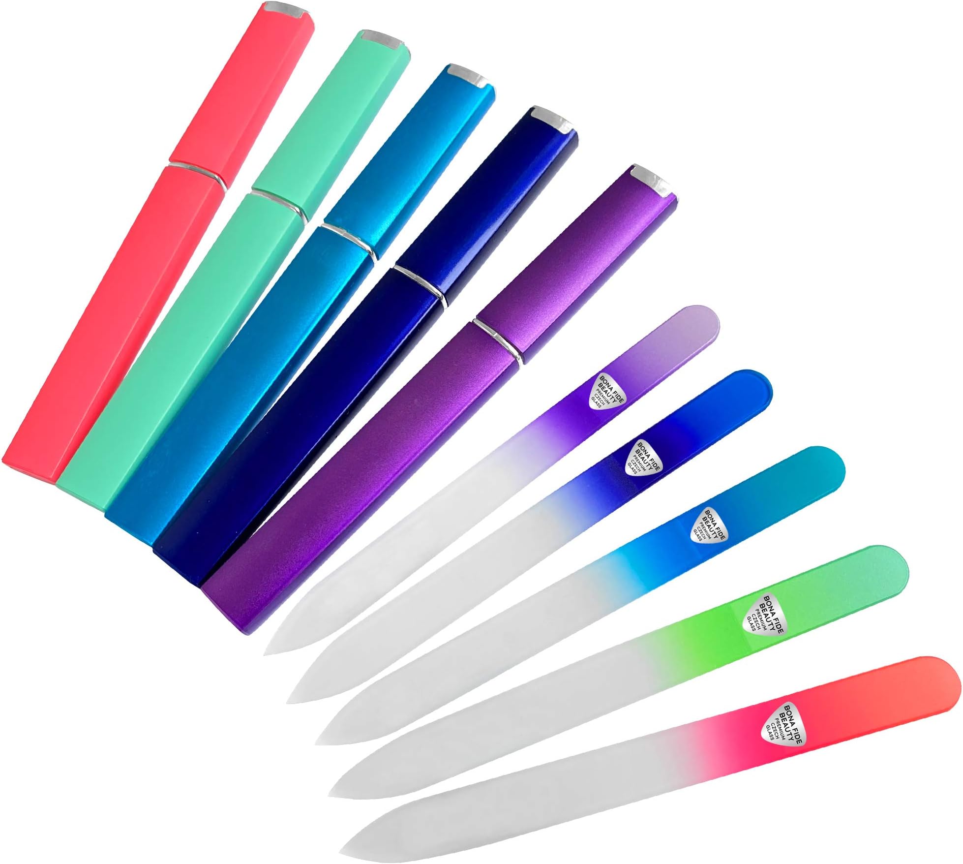 BONA FIDE BEAUTY Czech Glass Files for Nails, 5-Pieces Manicure Glass Fingernail Files with Cases (Malibu Color Set)
